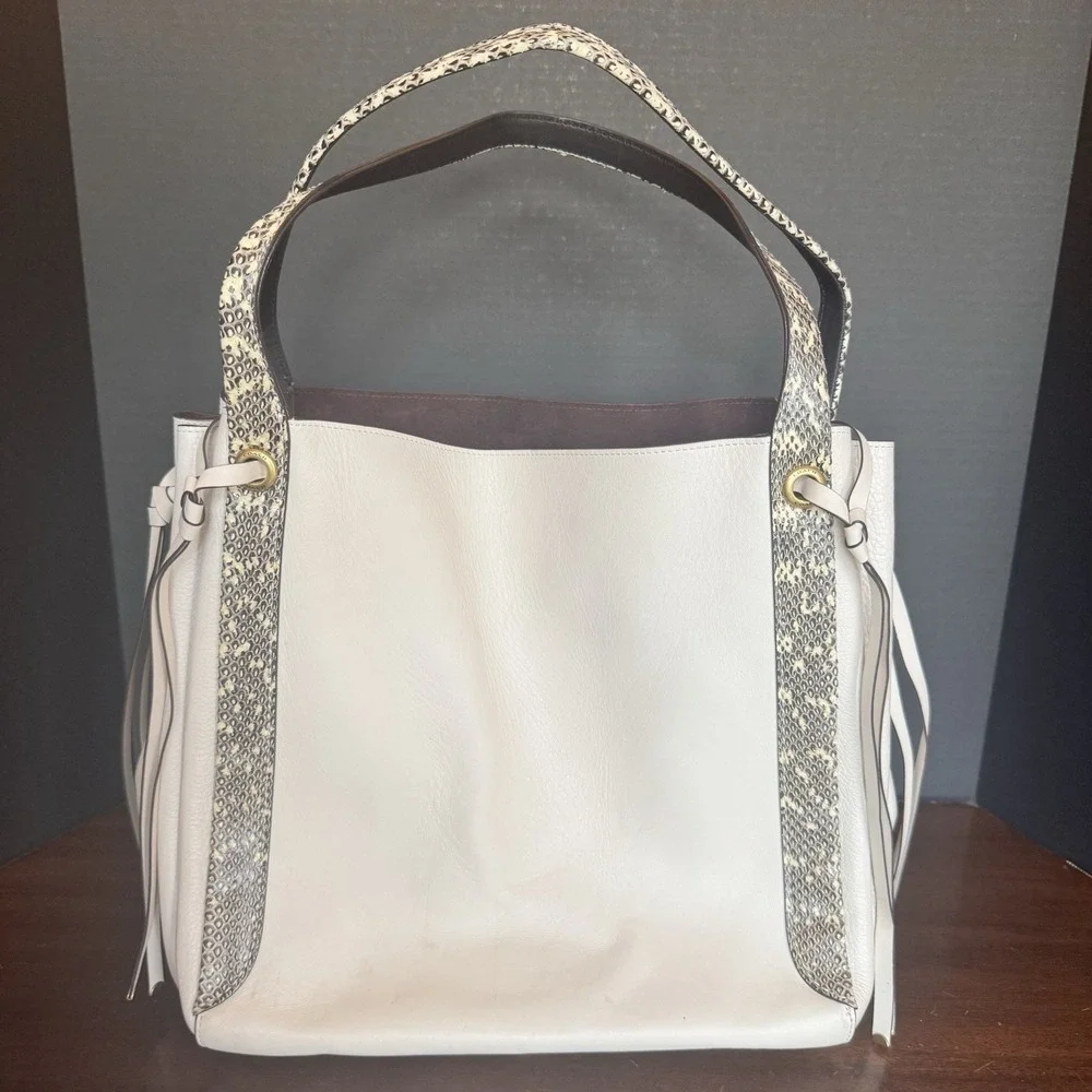 Coach 69074 Gray Pebbled Bucket Drawstring Tote Snake Print Accents Bag Charm